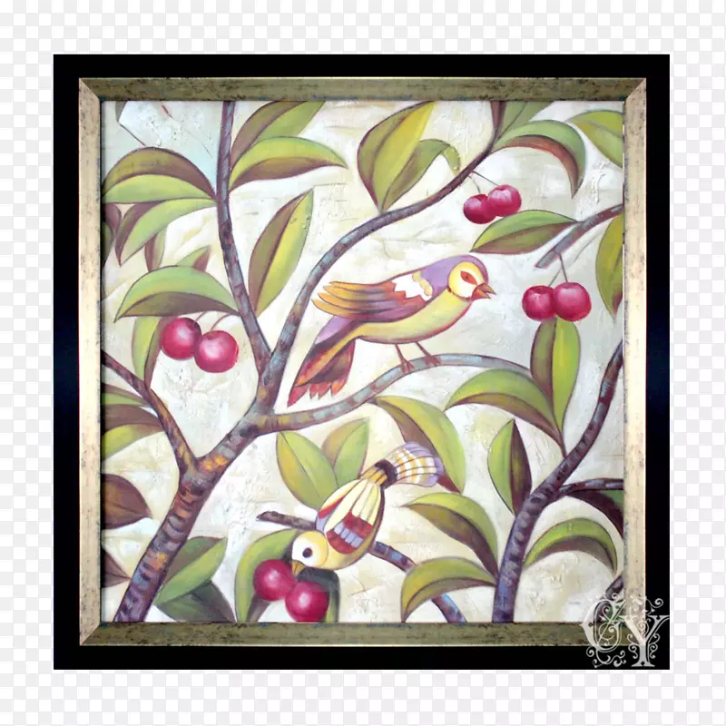 中式枝头鸟图案木质边框装饰画