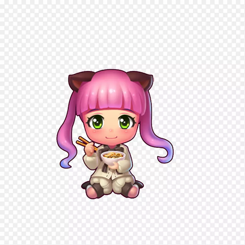 跪坐着吃面小女孩