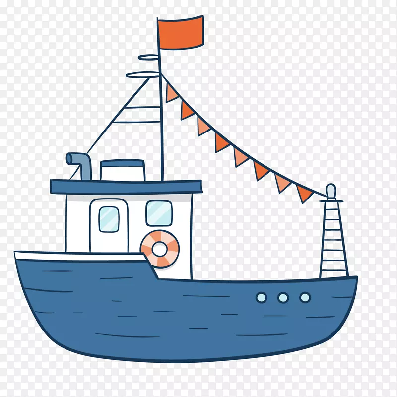 卡通手绘蓝色的渔船设计