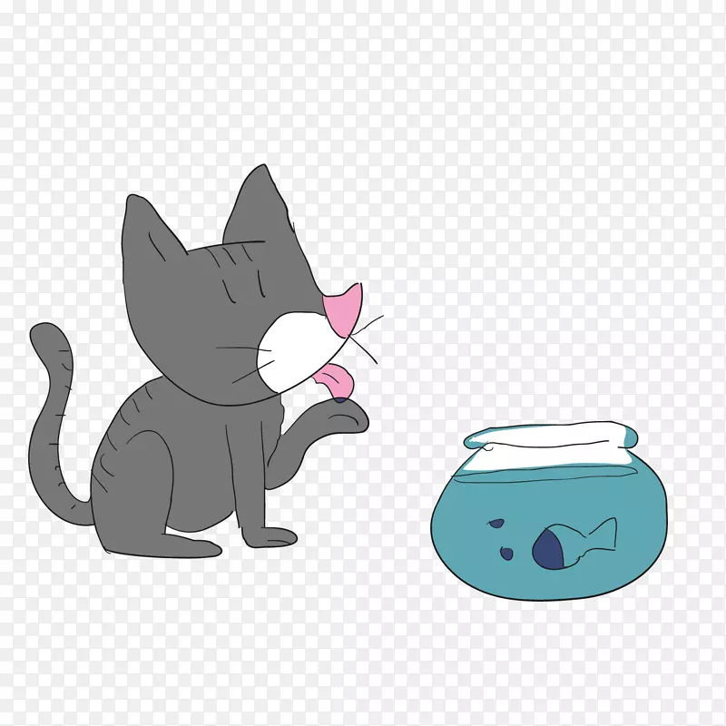 卡通灰色猫咪与蓝色鱼缸