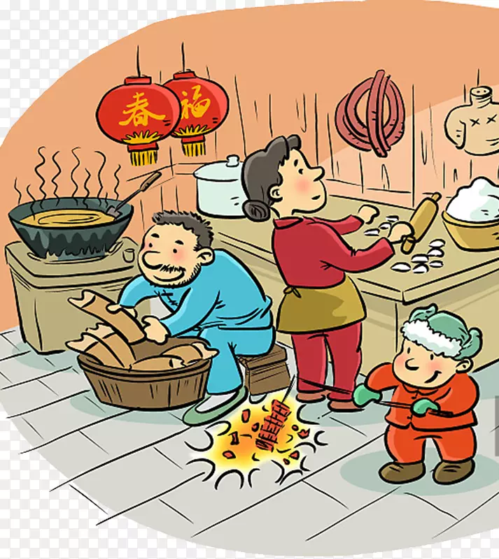 除夕团年饭包饺子卡通年画