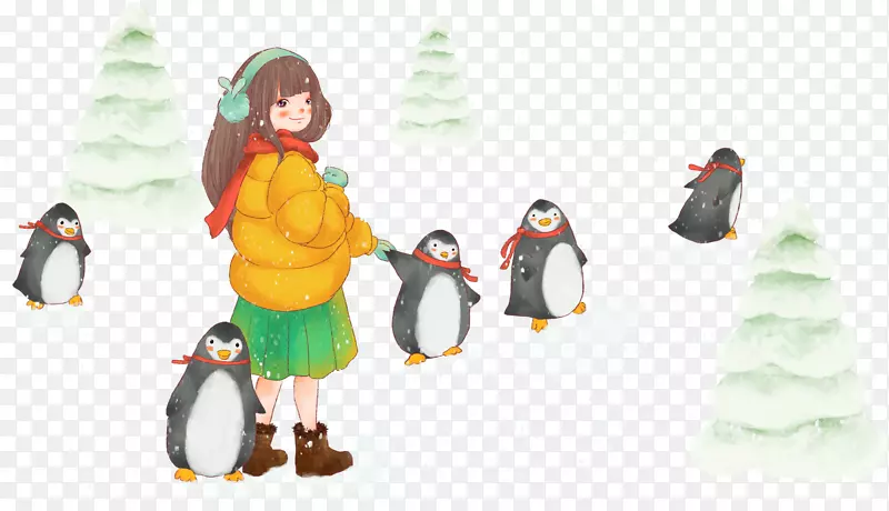 小女孩与企鹅装饰卡通手绘插画