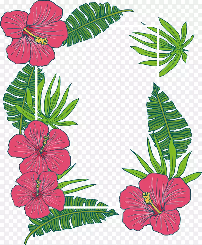 手绘玫红花朵标题框