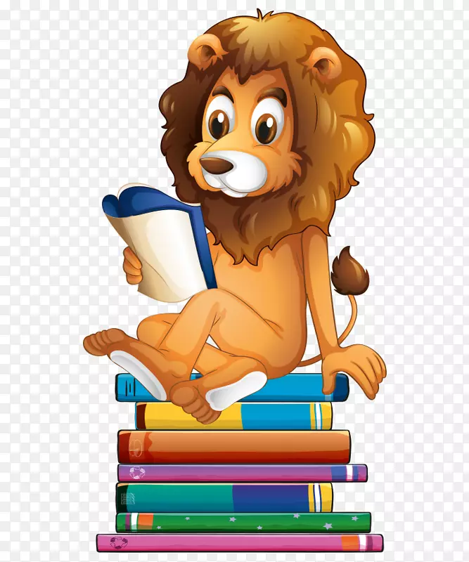 卡通手绘可爱狮子坐书籍上看书
