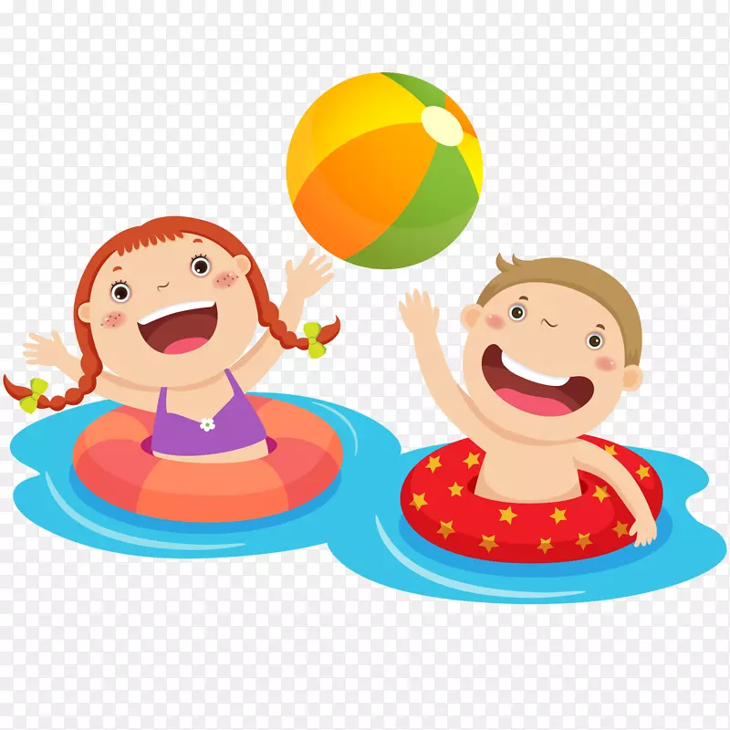男孩和女孩游泳玩耍插画