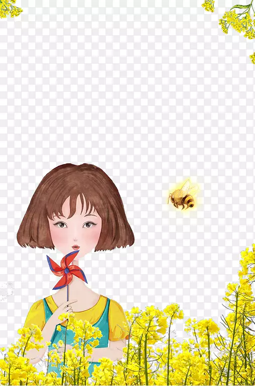 手绘唯美春季踏青油菜花少女插画