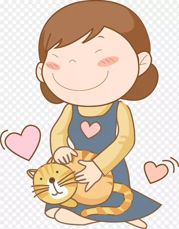 卡通抱着小猫的女人
