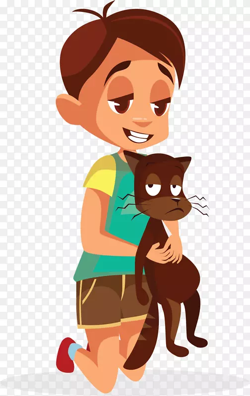抱着猫咪的卡通男孩