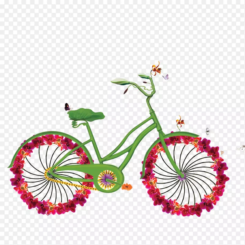 花朵绿色自行车创意插图