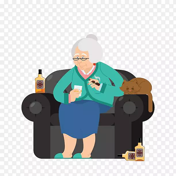 卡通老奶奶坐沙发上抽雪茄喝酒插
