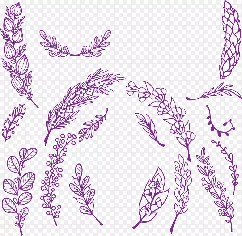紫色手绘冬日花草