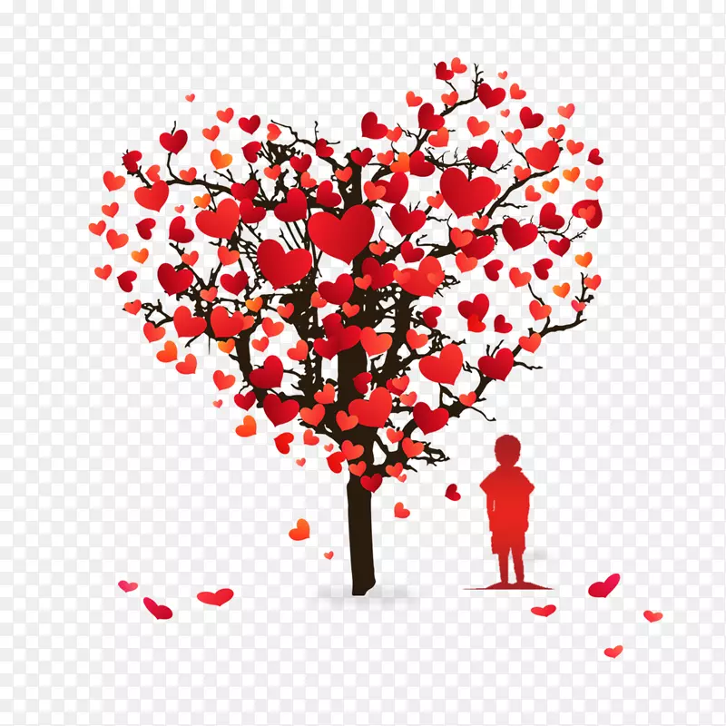 关爱主题挂满红心的大树和儿童背
