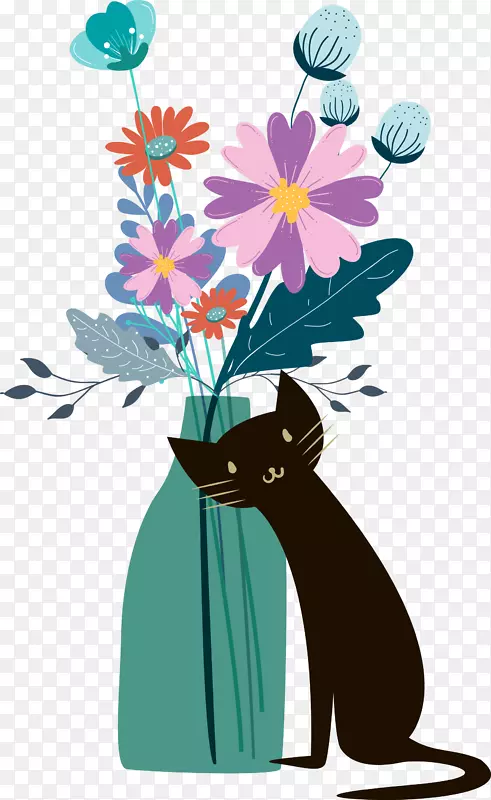 手绘清新黑猫花瓶装饰插画