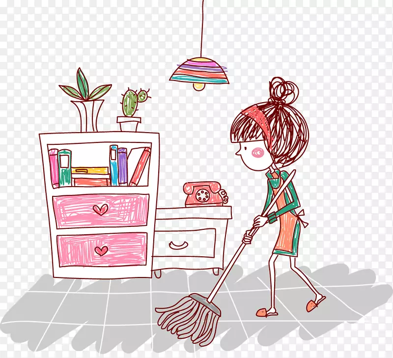 卡通可爱插图打扫地板的女孩