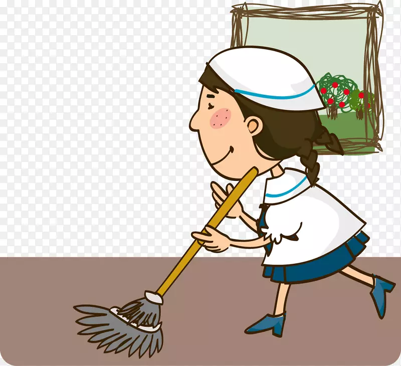 卡通插图做家务擦地板的女孩