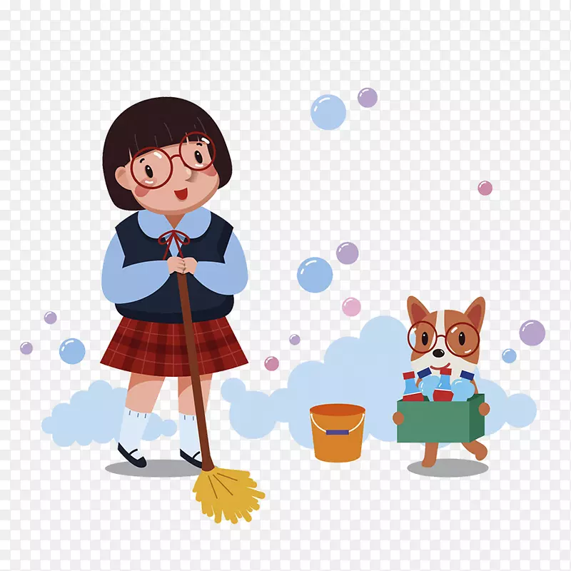 卡通插图擦地板的可爱女孩