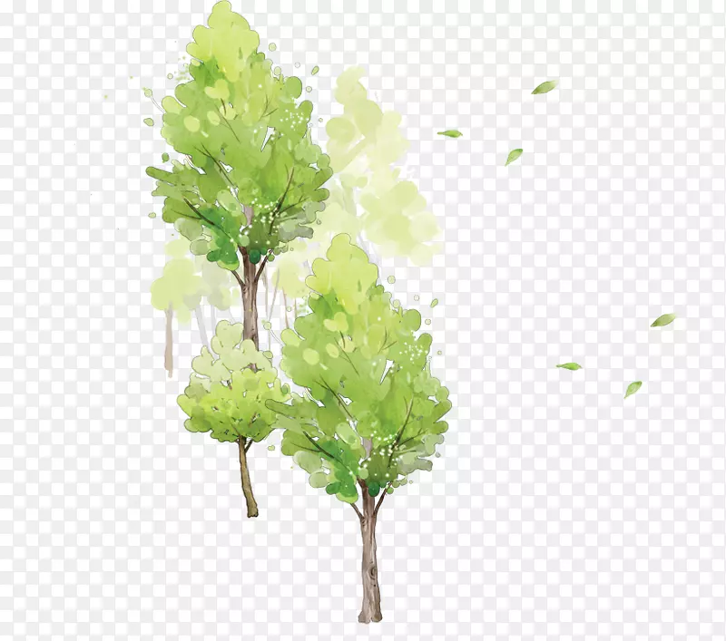 免抠绿色树木飘散的树叶装饰