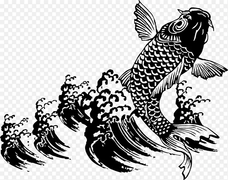 黑白插画跃起的鲤鱼