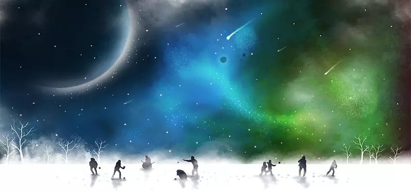 星空下的雪地和人插画psd分层素材背景banner
