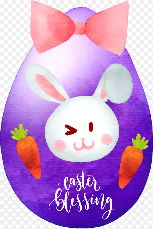水彩手绘复活节紫色彩蛋蝴蝶结兔