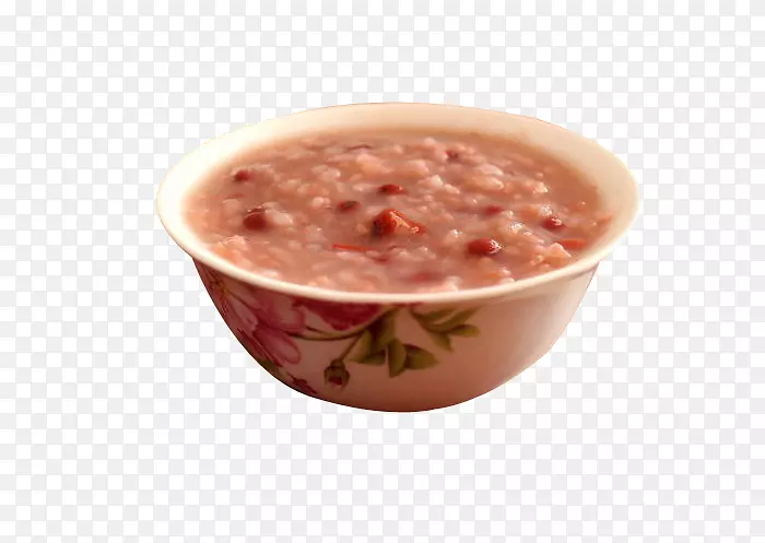 紫红色花朵花纹陶瓷碗中的红豆粥