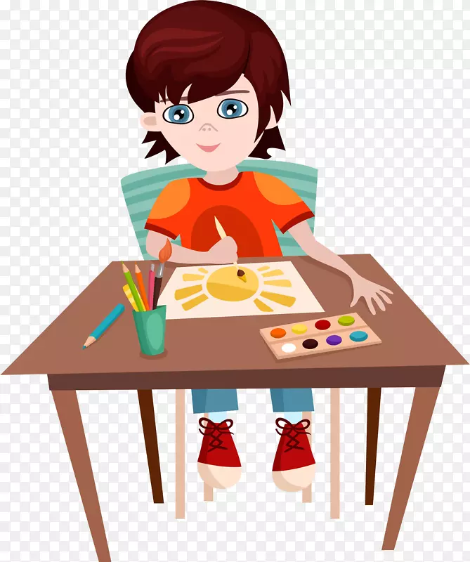 坐在桌子上画画的男孩