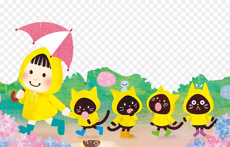 走在雨中的小女孩与小猫咪