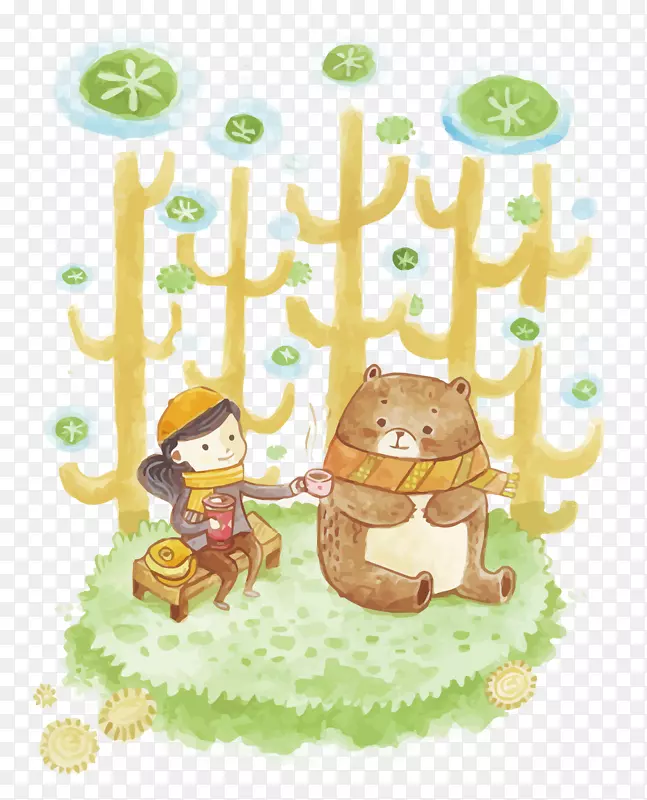矢量森林里的熊和少女