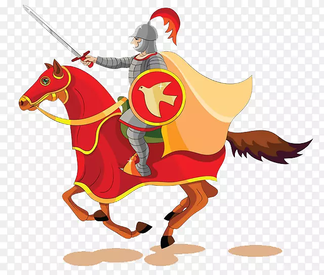 卡通人物身穿盔甲骑着战马打仗的