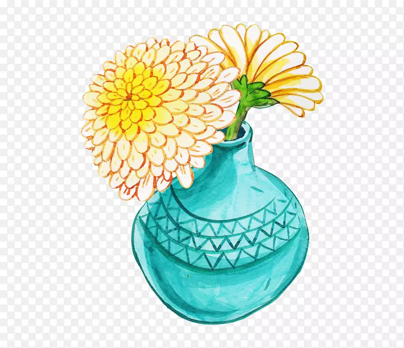 手绘蓝色花瓶花卉