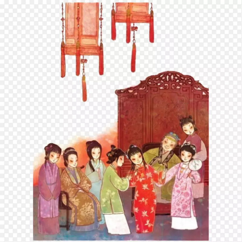 手绘中国风红楼梦插画免抠