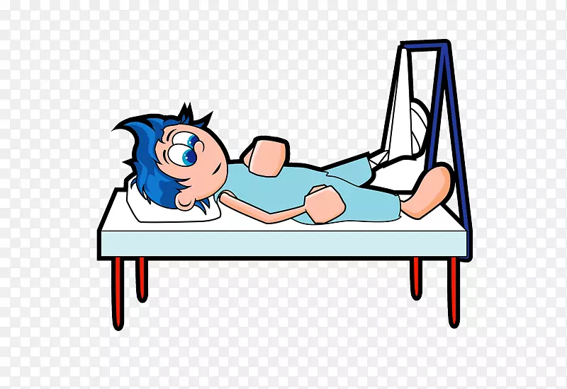 腿部受伤躺在床上的卡通男孩
