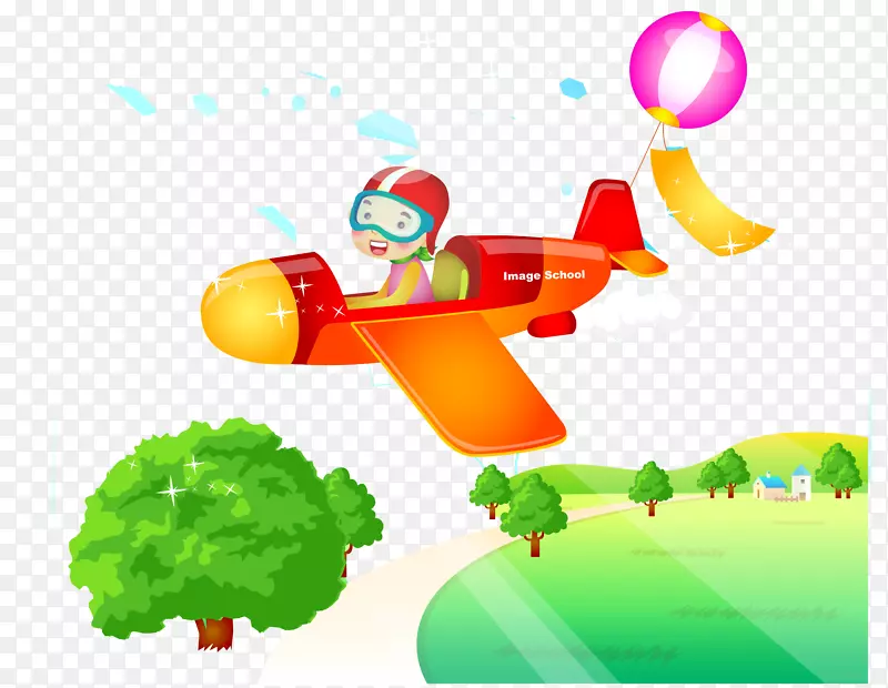 卡通儿童坐飞机蓝天素材