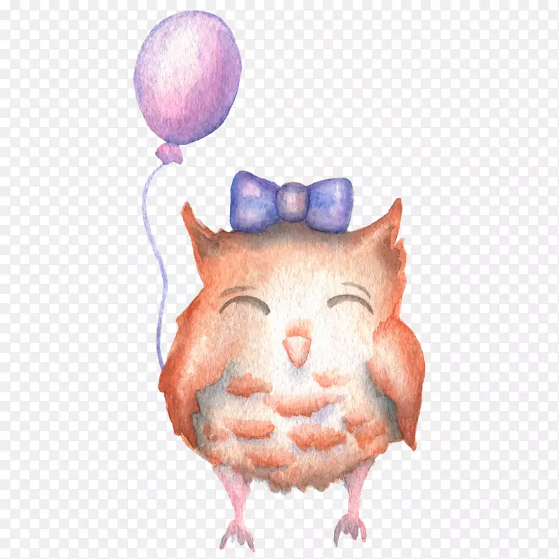 手绘水彩拿着气球的猫头鹰