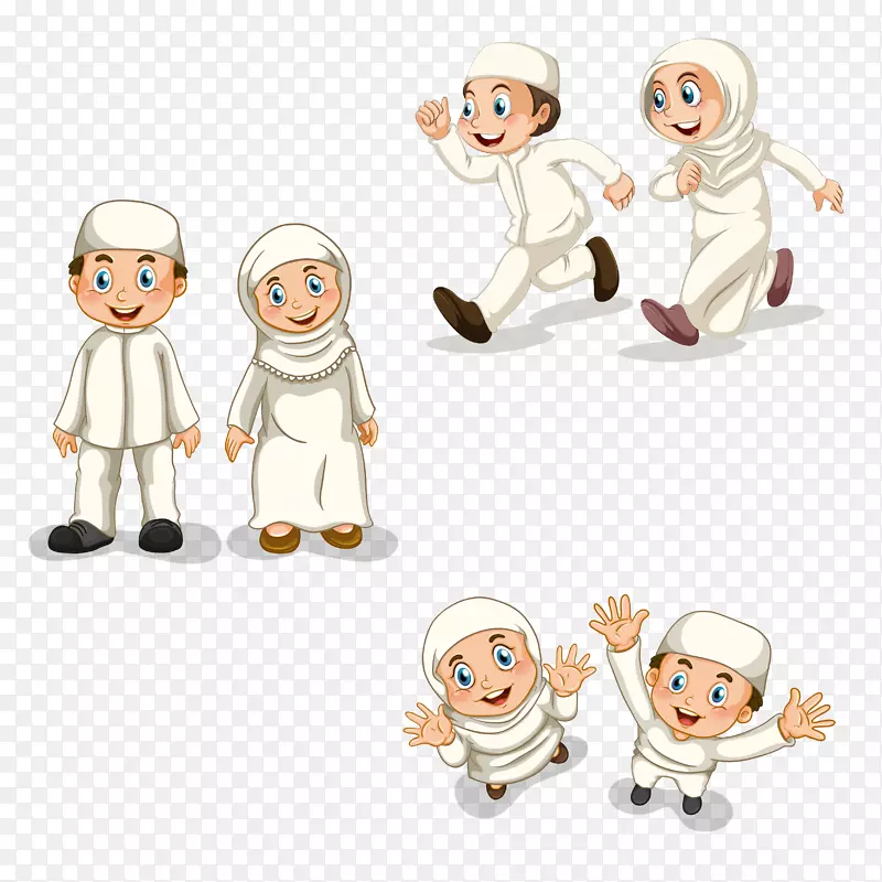 三组穆斯林孩童矢量人物插画