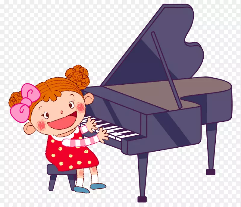 卡通手绘弹钢琴可爱小女孩
