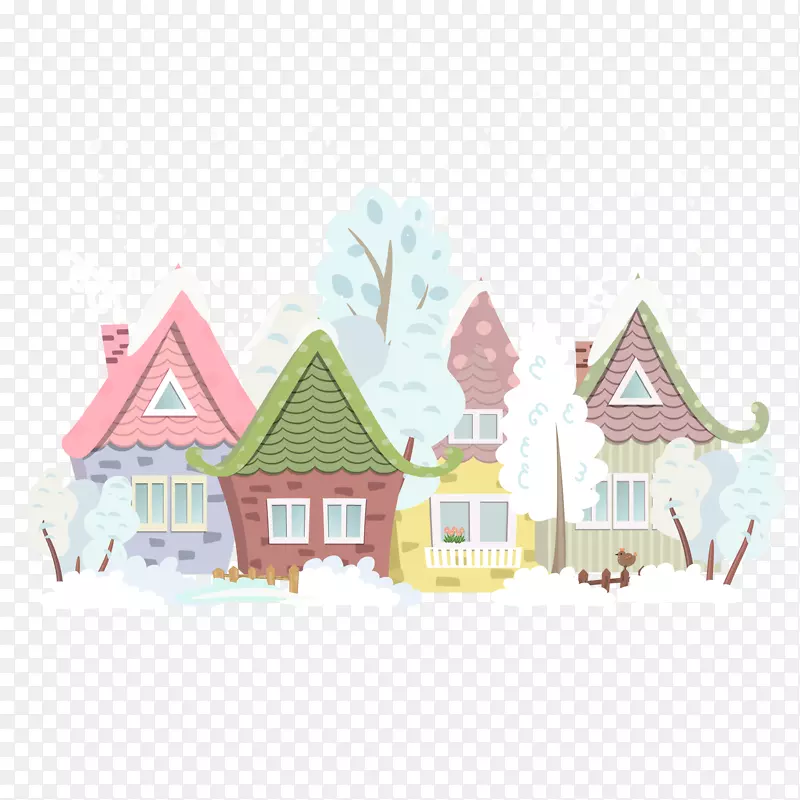 矢量手绘冬季房屋场景图