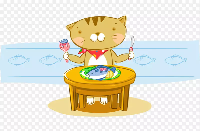 卡通手绘吃鱼猫拿刀叉