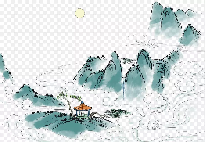 中国风水墨高山插画