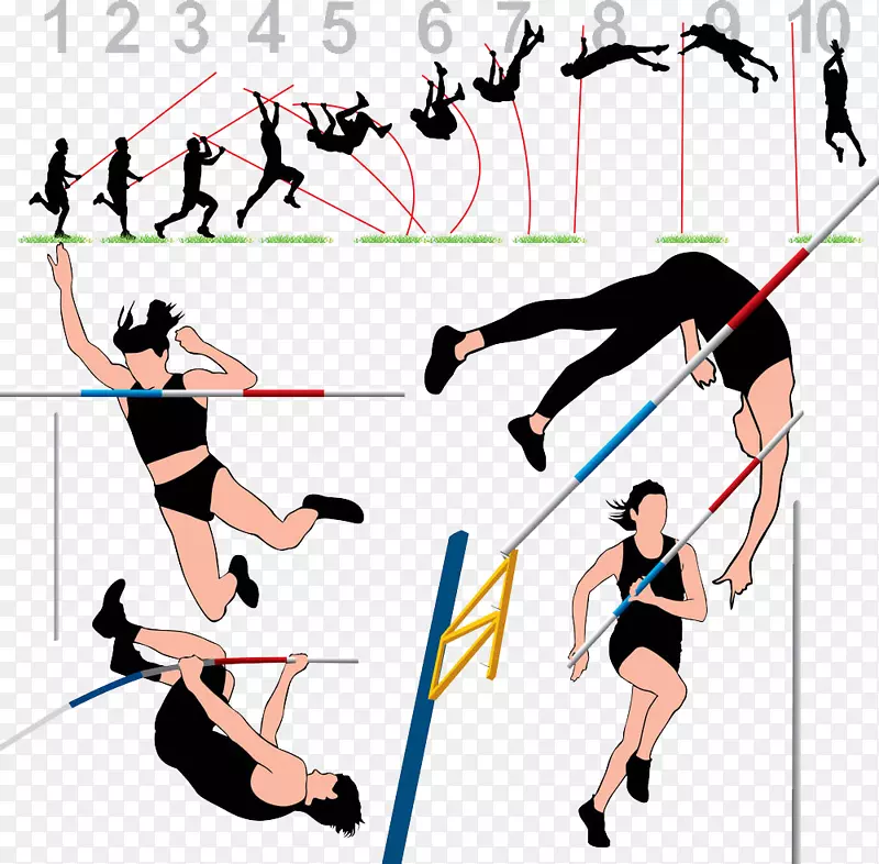 手绘彩色撑杆跳技术分解女运动员