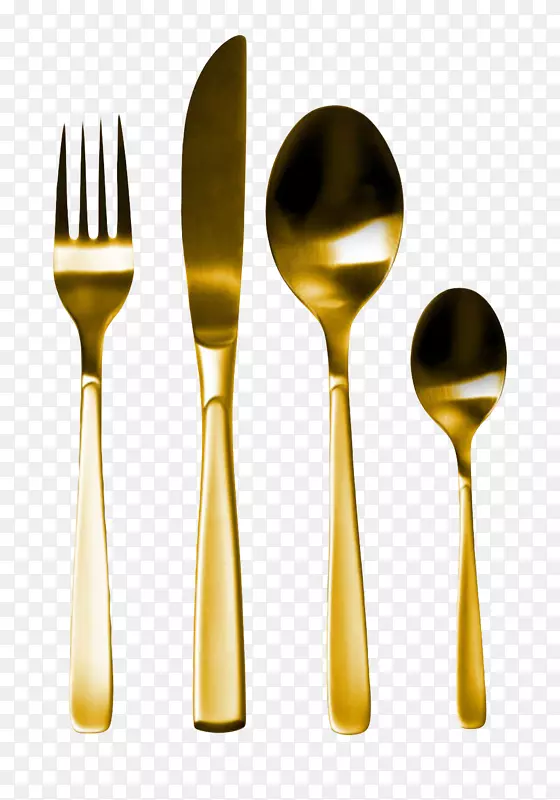 金色的叉子和刀子和不锈钢汤勺实
