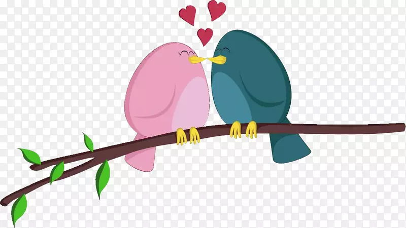 树枝上亲吻的蓝粉色小鸟