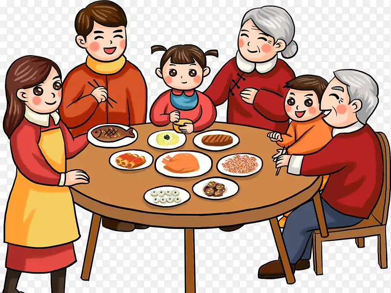 手绘新年团圆饭素材图