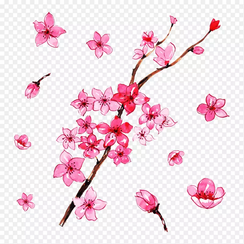 春天玫红色手绘桃花