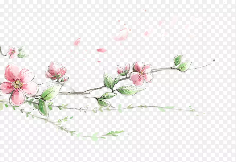 手绘水彩桃花树枝装饰图案