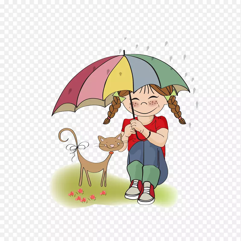 卡通可爱插图下雨天撑伞的小女孩