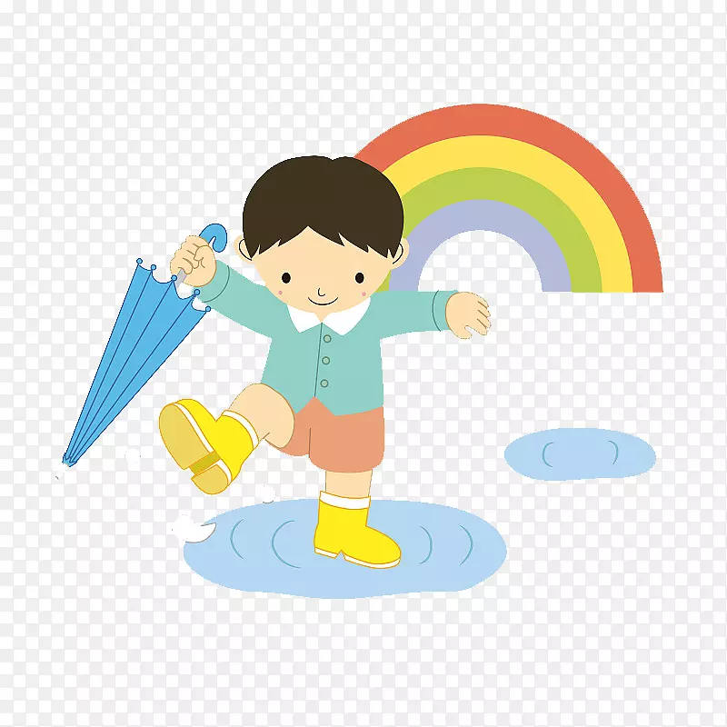 卡通可爱插图拿雨伞走在水洼中的