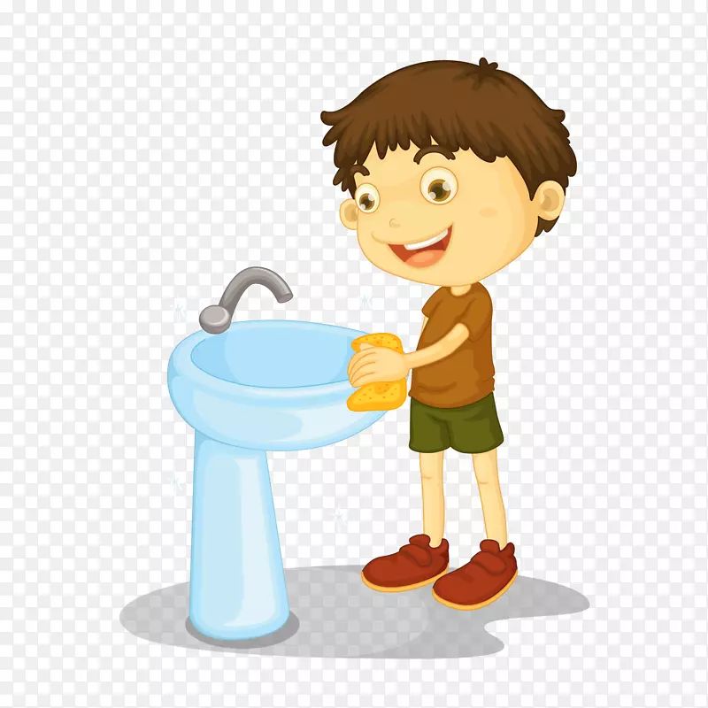 清洗洗手池的卡通男孩