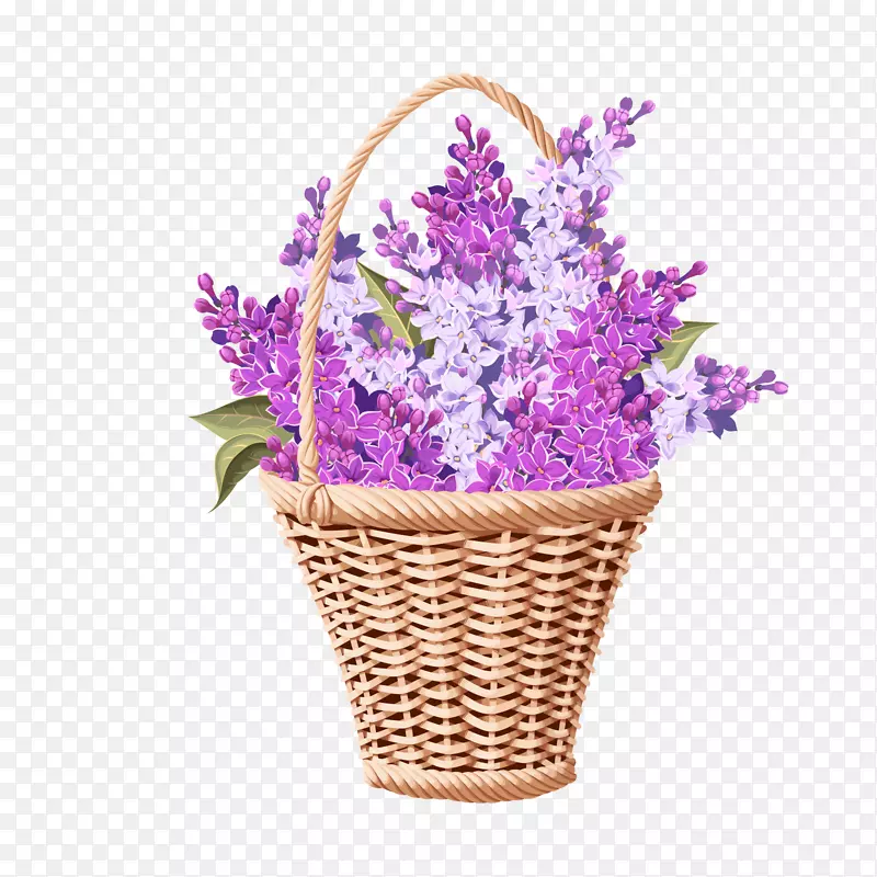 装满紫丁香的花篮矢量图