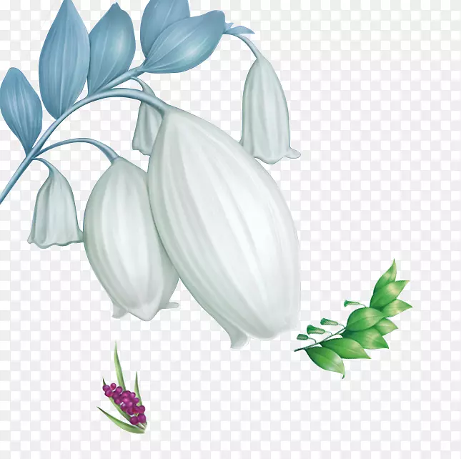 蓝色白玉兰与树叶手绘图